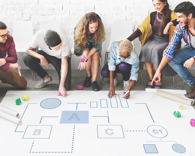 Team working together on a workflow management chart