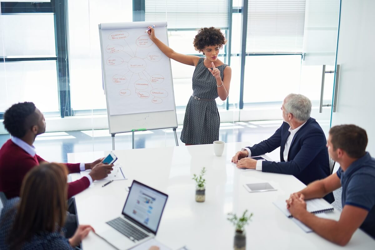 Employee retention strategies: employee presenting at a meeting
